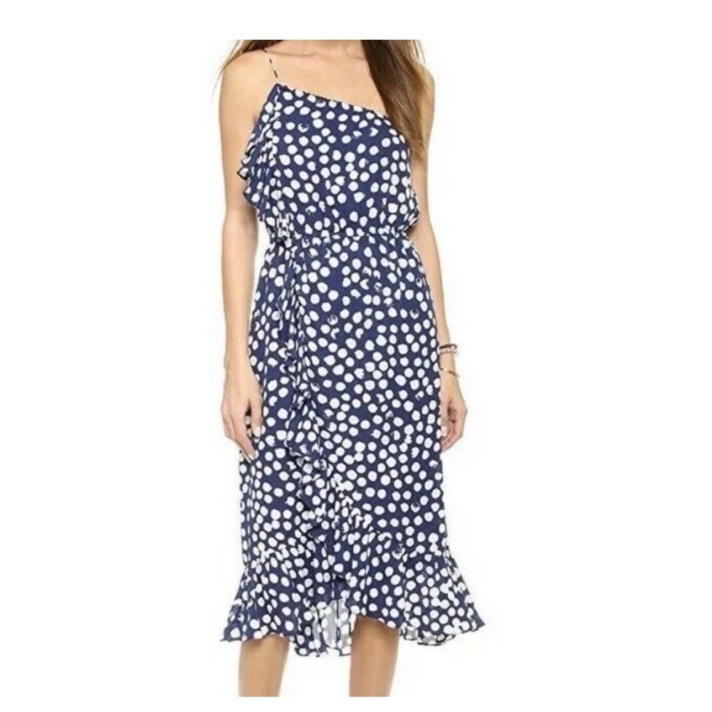 Rebecca Minkoff Silk One Shoulder Dress Womens Navy‎ White Polka Dot Ruffle
